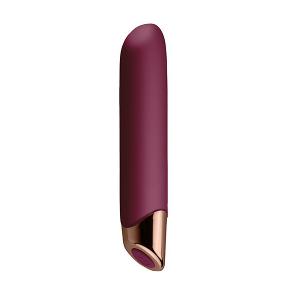 Aubergine Rocks-Off Chaiamo vibrator rechtop, met schuin afgeronde punt en roségoudkleurige voet met knop