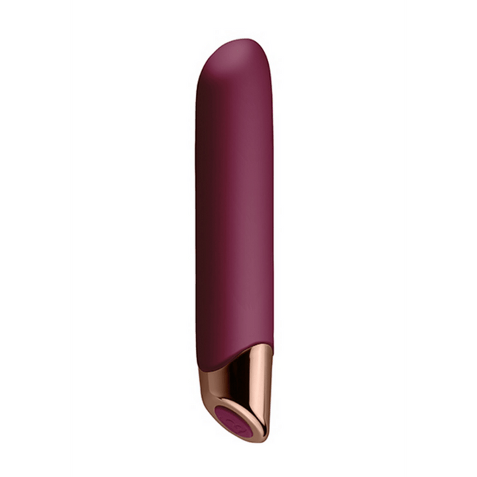 Aubergine Rocks-Off Chaiamo vibrator rechtop, met schuin afgeronde punt en roségoudkleurige voet met knop