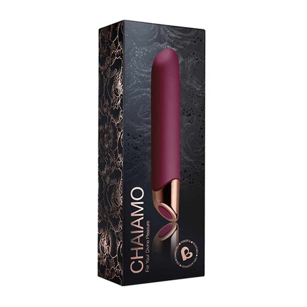 Zwarte Chaiamo verpakking van Rocks-Off met roségouden bloemmotief en de aubergine vibrator op de voorkant