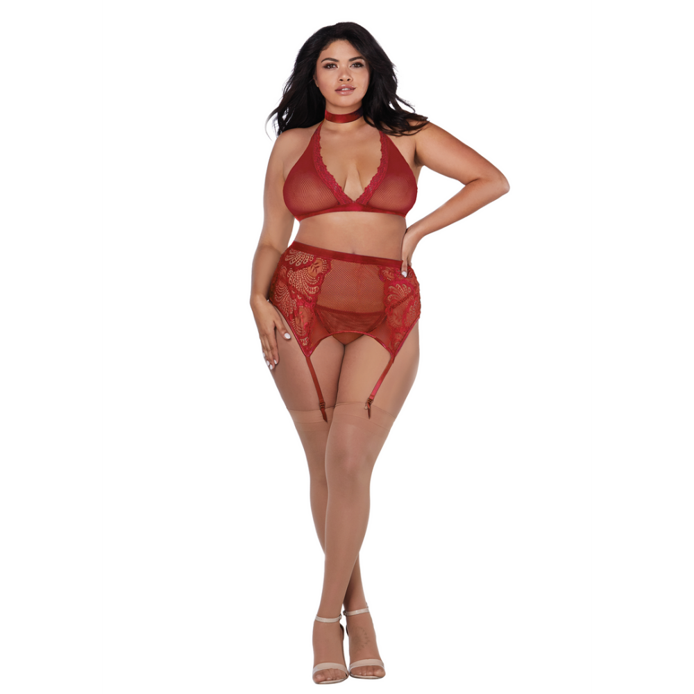 Dreamgirl Plus Size Visnet en Kant 4-delige Set - Zwart
