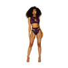 Dreamgirl 3-delige jarretelgordel set aubergine, maat XL, vooraanzicht op model, kanten bh met jarretelgordel en slip