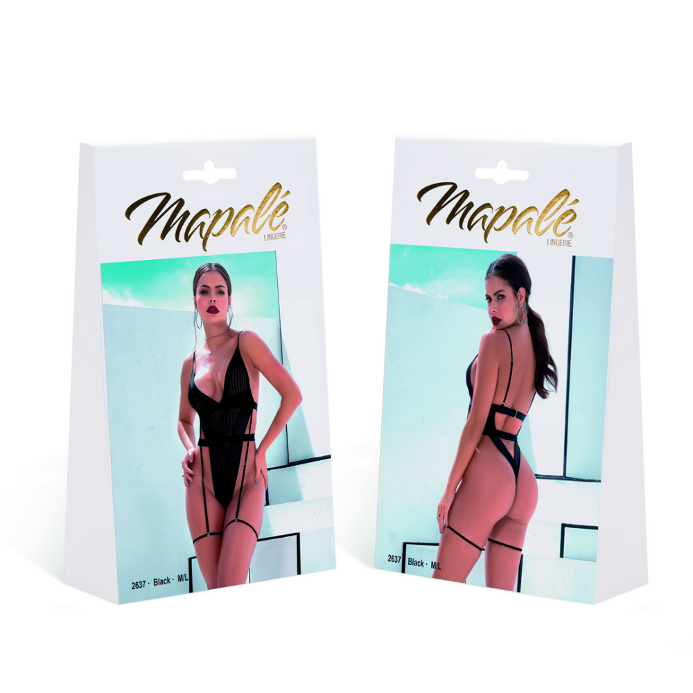 Mapalé Schwarzer Mesh-Body mit Kunstleder und Strapsen in Größe S/M