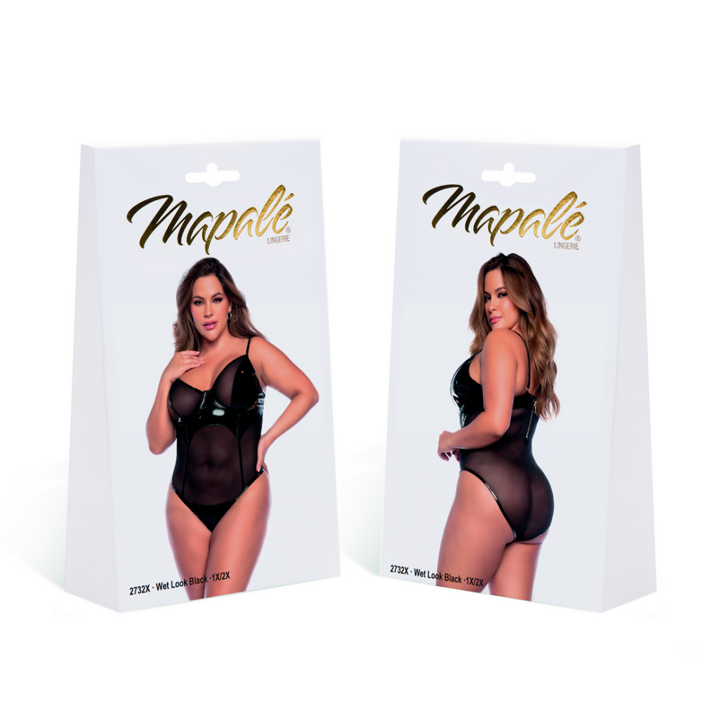 Mapalé Bodysuit Vinyl & Mesh 3/4X Wet Black