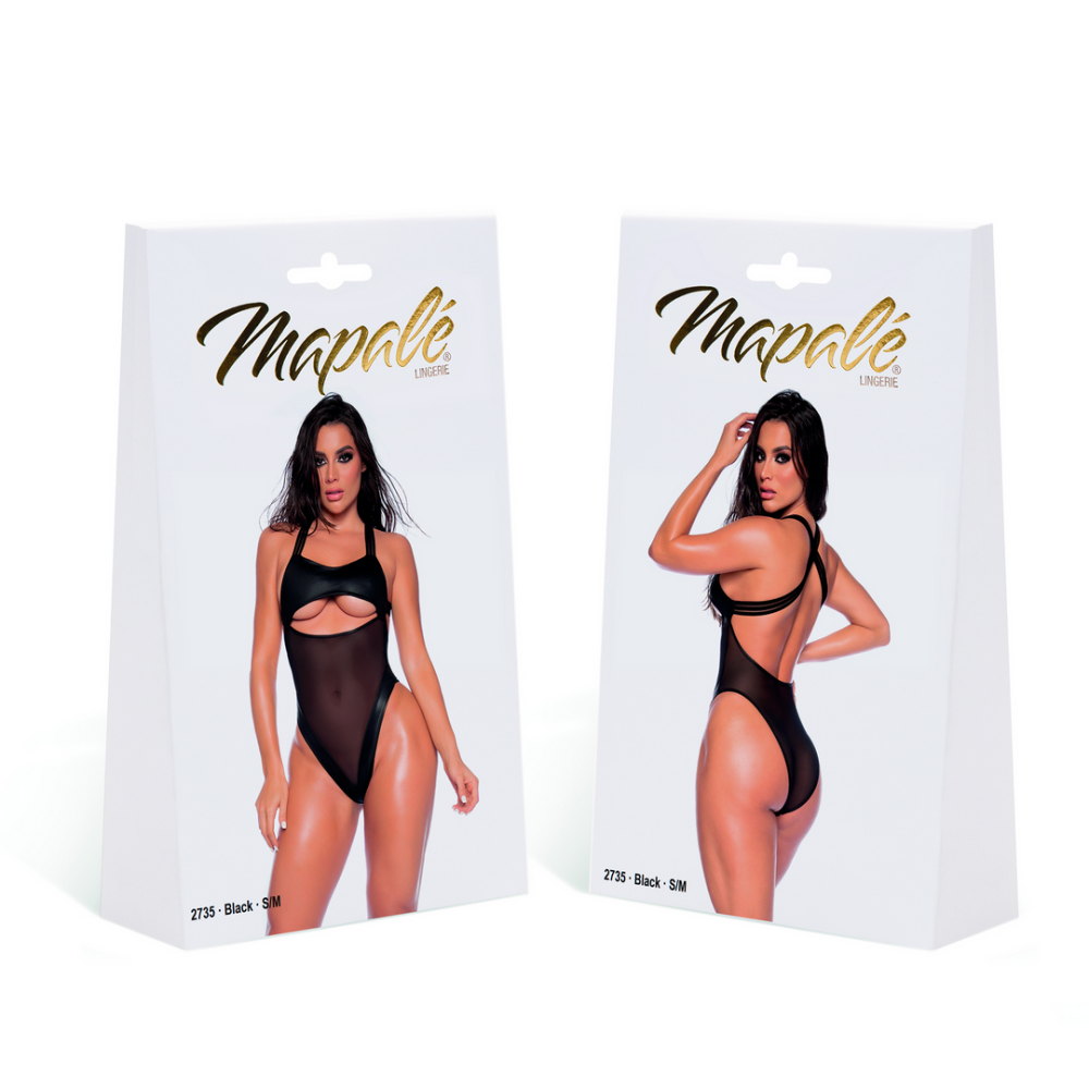 Mapalé Wetlook Bodysuit met Mesh en Open Rug in maat S/M Zwart
