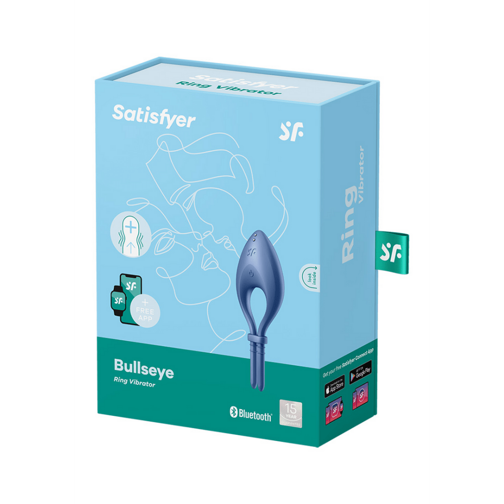 Lichtblauwe verpakking van de Satisfyer Bullseye ring vibrator met vermelding van gratis app en Bluetooth