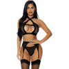 Forplay Golden Hour set zwart, maat XL, vooraanzicht, strappy bh en string met hoge taillebandjes en jarretel look