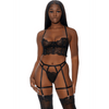 Forplay Blooming Beauty lingerie set zwart, bloemenkant met jarretelbandjes en slip, maat S, vooraanzicht