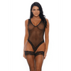 Model in Forplay Video Vixen teddy zwart, sheer mesh body met diepe V hals en hoge beenuitsnijding, maat L