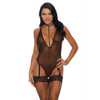 Model in Forplay Provocative Vixen teddy zwart met sheer mesh, diepe V hals en jarretels, maat XL