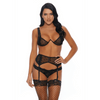 Model in Forplay You’ve Dot My Number 3 delige set zwart, stippen mesh bh, jarretelgordel en string, maat XL