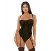 Voorzijde model in Forplay Feline Sexy Teddy zwart, maat XL, diepe V-hals en hoge beenuitsnijding voor een slanke lijn
