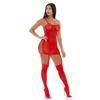 Forplay Ring It On chemise set rood, maat M, vooraanzicht met jarretel kousen, kanten chemise en ringdetail