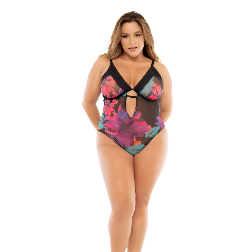 Mapalé Floral Teddy met Beugel en Jarretels Zwart 1X/2X