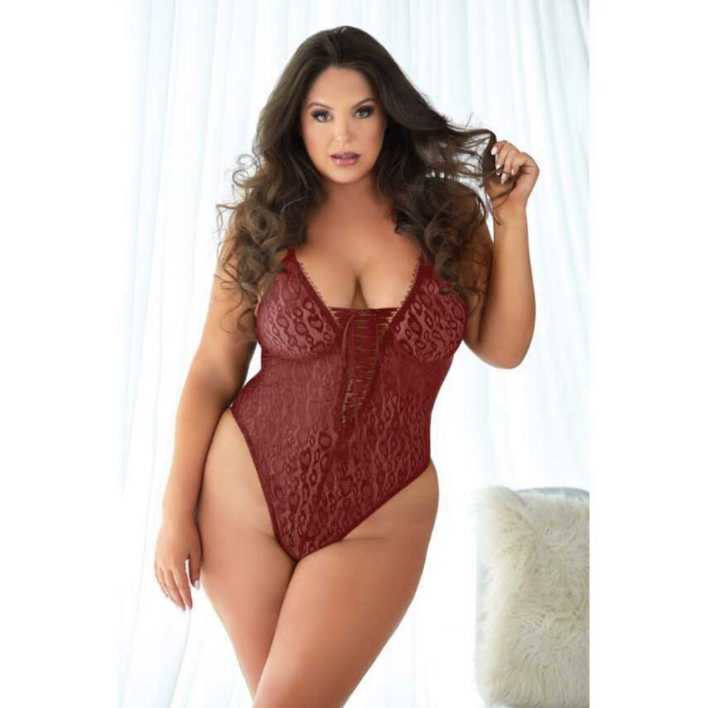 Allure Leopard Lace Up Teddy met Kantdetail Burgundy Maat 2X/3X