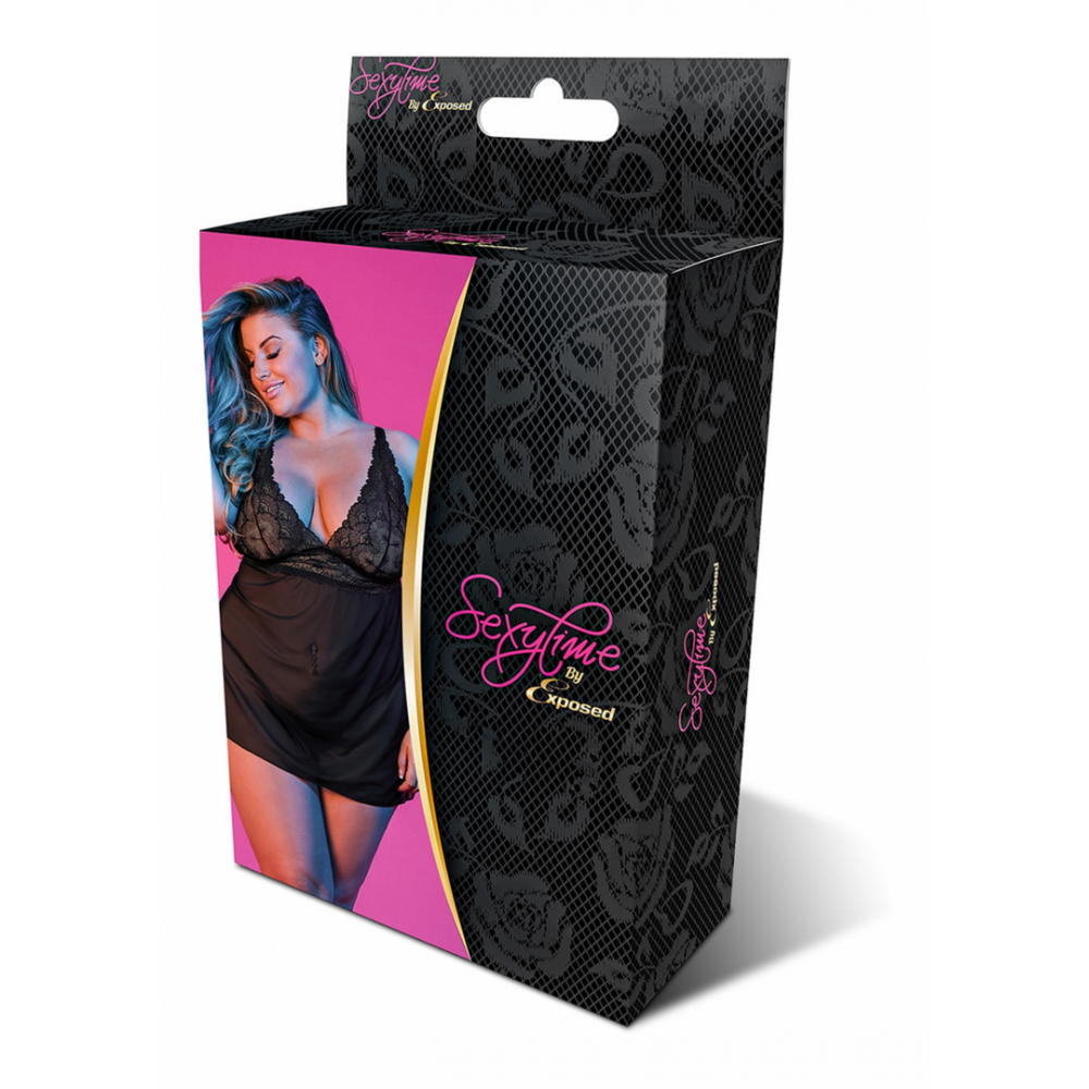 Babydoll with V-Back and G-String Set - 2X - Black