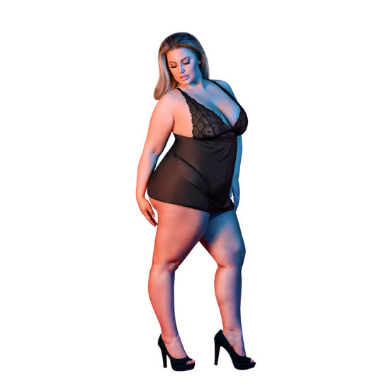 Babydoll with V-Back and G-String Set - 2X - Black