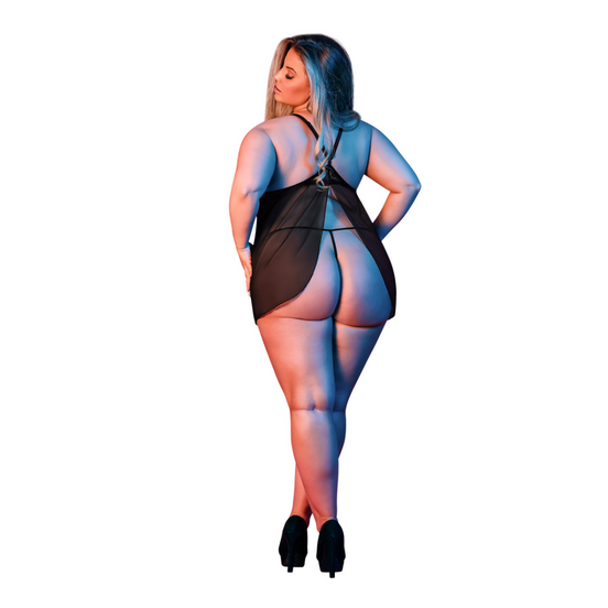 Babydoll with V-Back and G-String Set - 2X - Black