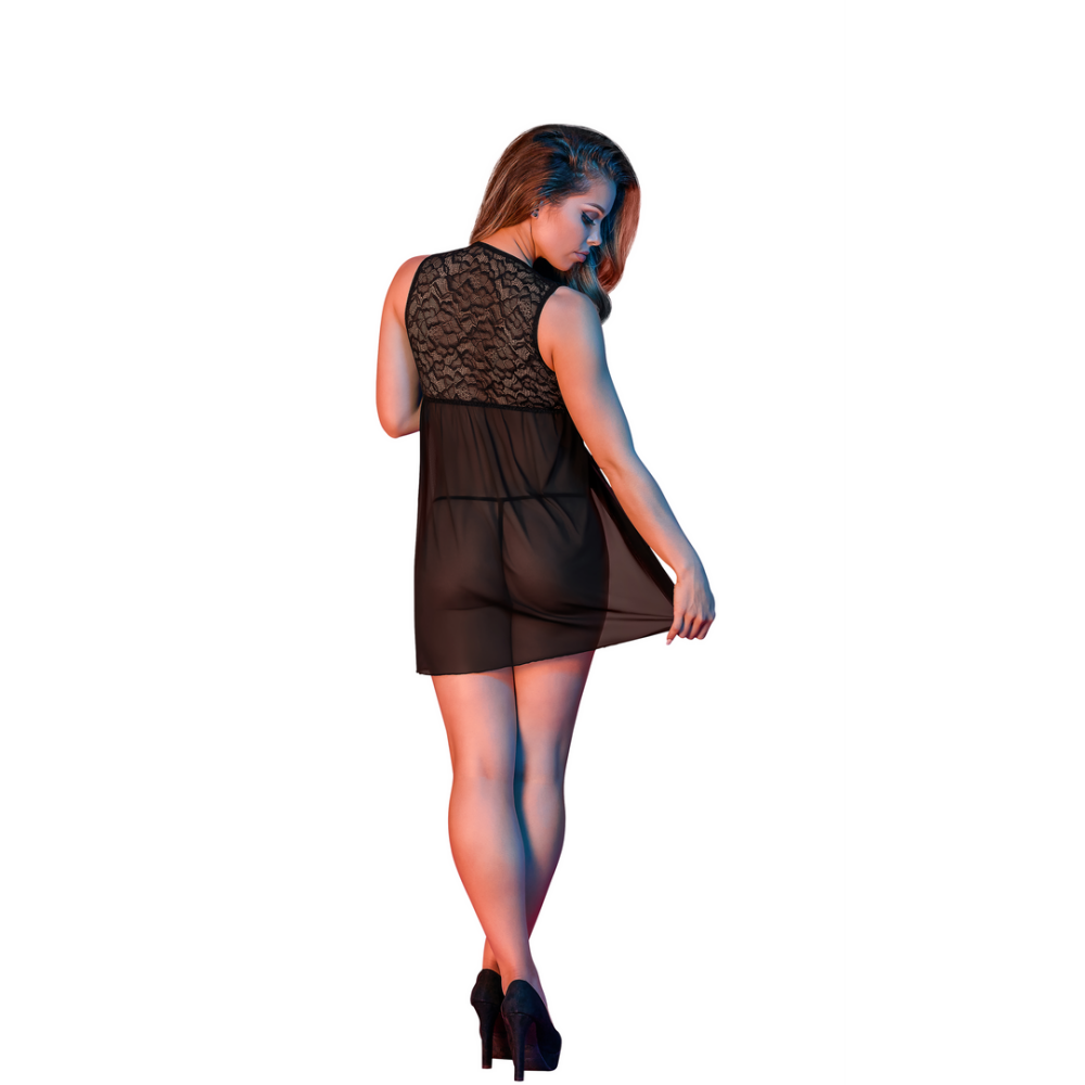 Babydoll mit offenem Rücken und G-String-Set - L/XL - Schwarz