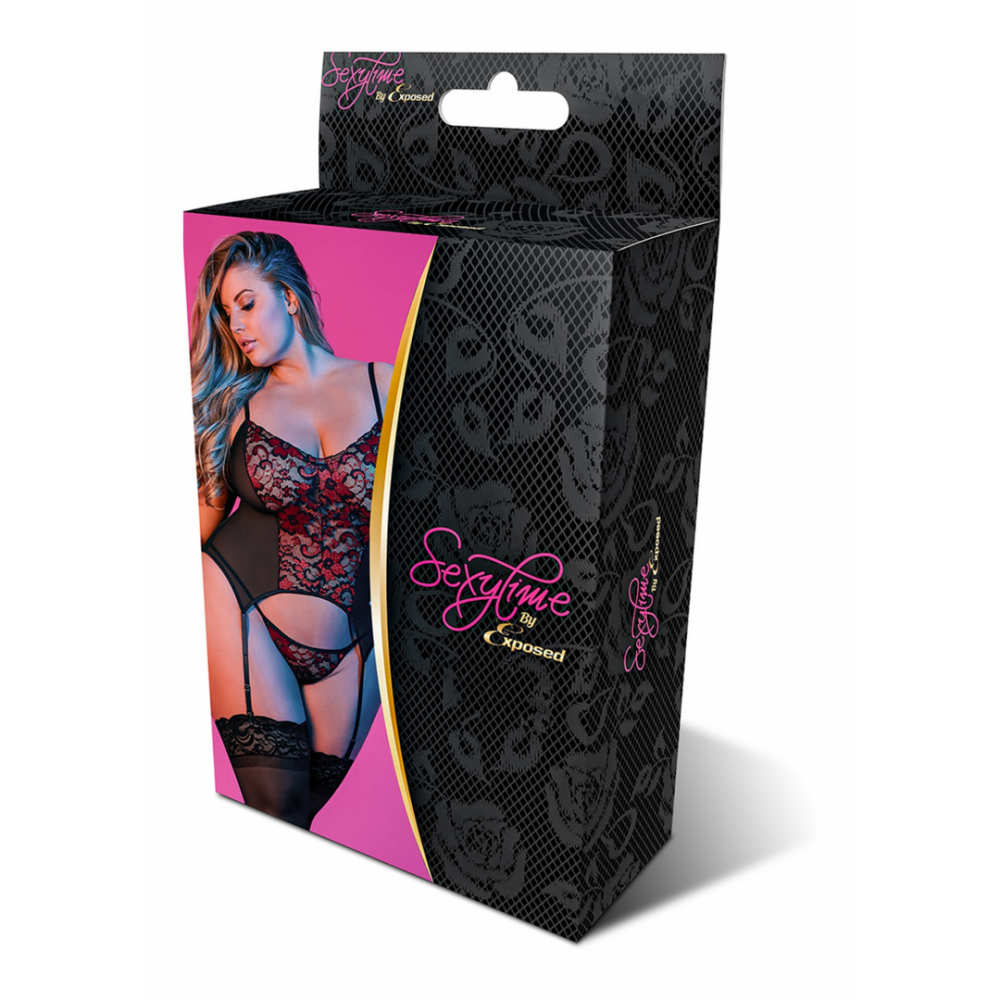 Magic Silk Merry Widow Set met Jarretels en G-String Zwart Maat 2X