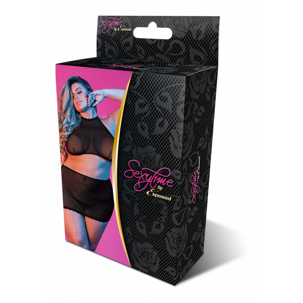Magic Silk Halter Crop Top en Minirok Set Zwart Maat 2X