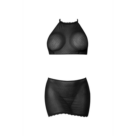 Magic Silk Polka Dot Mesh halter en minirok set S/M zwart