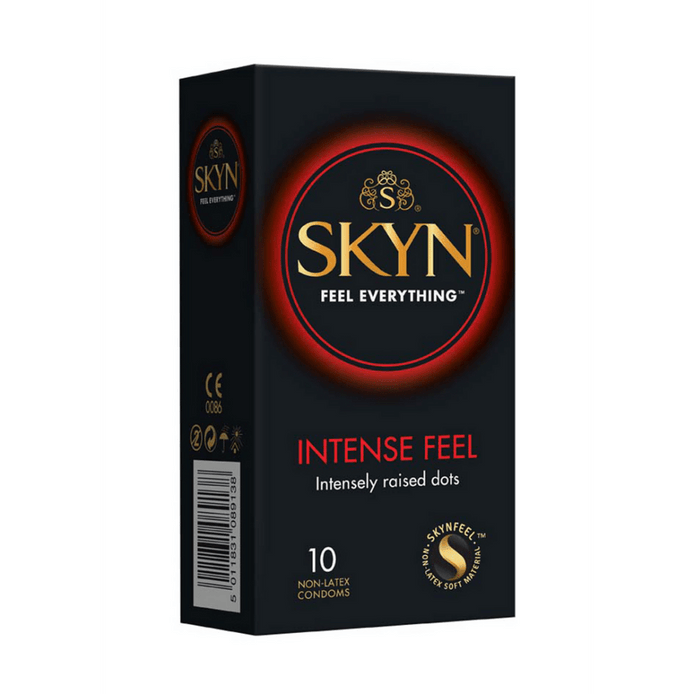 Mates Skyn Intense Feel condooms 10 stuks, verpakking zwart met rode accenten, vooraanzicht