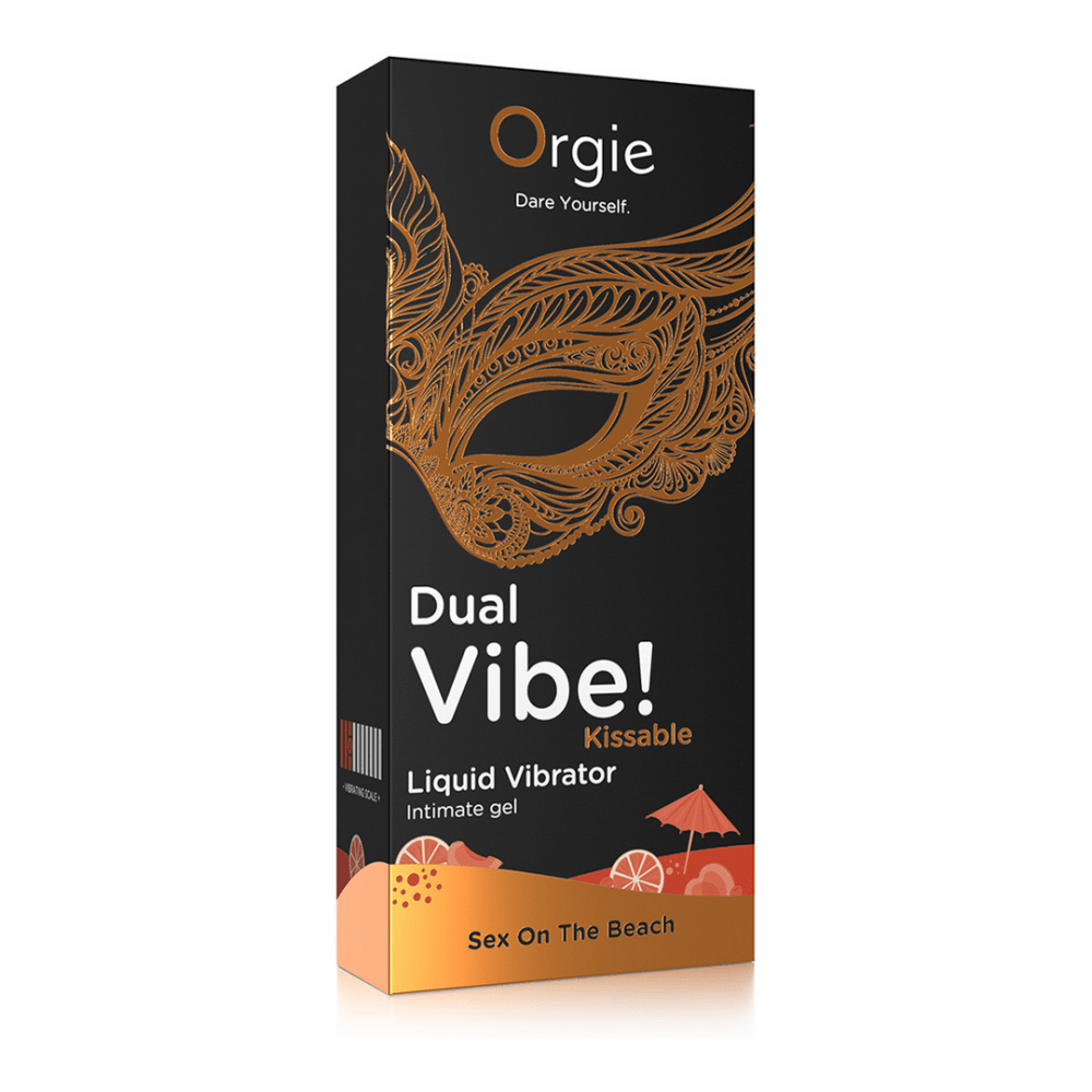 Orgie Dual Vibe Kissable Liquid Vibrator Sex On The Beach 15 ml close up van het flesje met oranje label