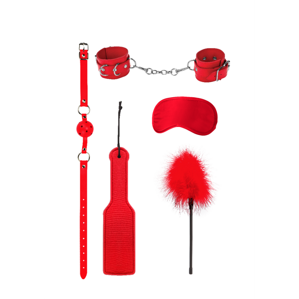 Rotes BDSM-Starterset | Ballknebel, Kitzelgerät und Handschellen für dominantes Spiel