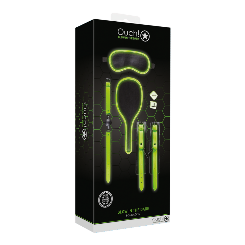 verpakking Glow in the Dark Bondage Set met Boeien & Paddle BDSM Kit