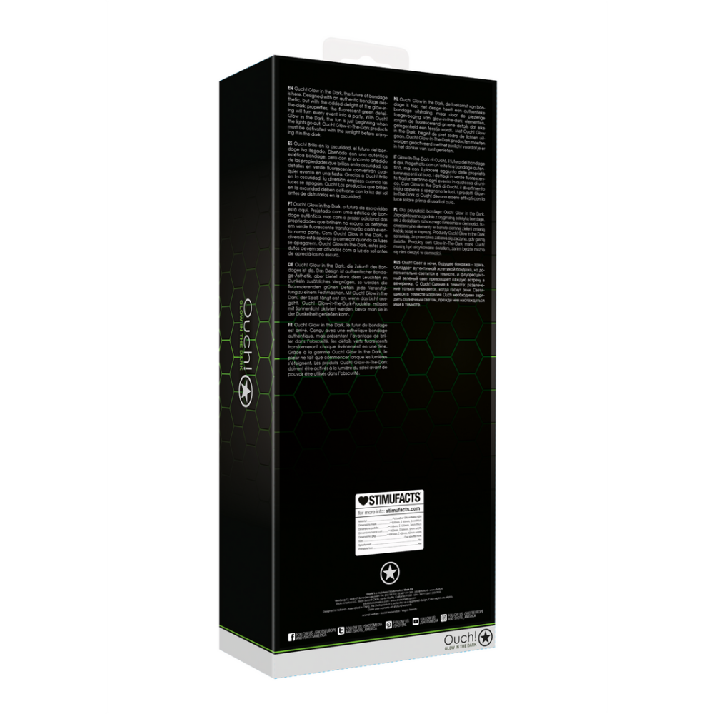 achterkant van de verpakking Glow in the Dark Bondage Set met Boeien & Paddle BDSM Kit