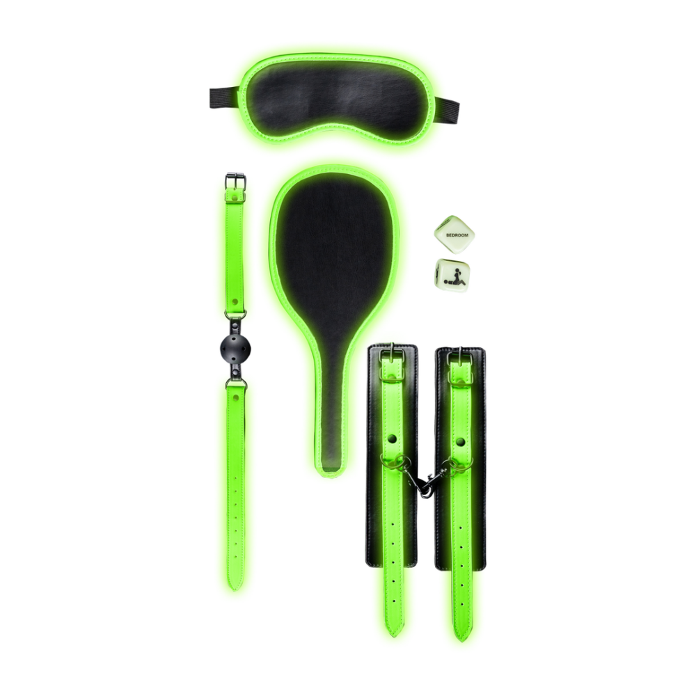 Met fluorescerende groene accenten die oplichten in het donker, verandert jouw slaapkamer in een verleidelijke speeltuin. Deze set is ideaal voor stellen die willen experimenteren met dominantie, onderwerping en BDSM,