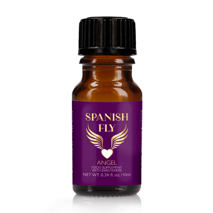 Pharmquests Spanish Fly Angel 10 ml, paars flesje met pipetdop, intensiteitsbooster voor koppels, op witte achtergrond