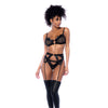 Mapalé Rock Star drie-delige set zwart in maat S/M, front, bh met mesh en bandjes, hoge laarzen