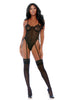 Forplay Ring It On chemise set zwart, maat M, vooraanzicht met jarretelkousen, mesh chemise en ringdetail