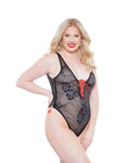 Allure Daisy Crotchless Teddy plus size zwart rood, kanten teddy met open kruis en rood bloemdetail, vooraanzicht op model