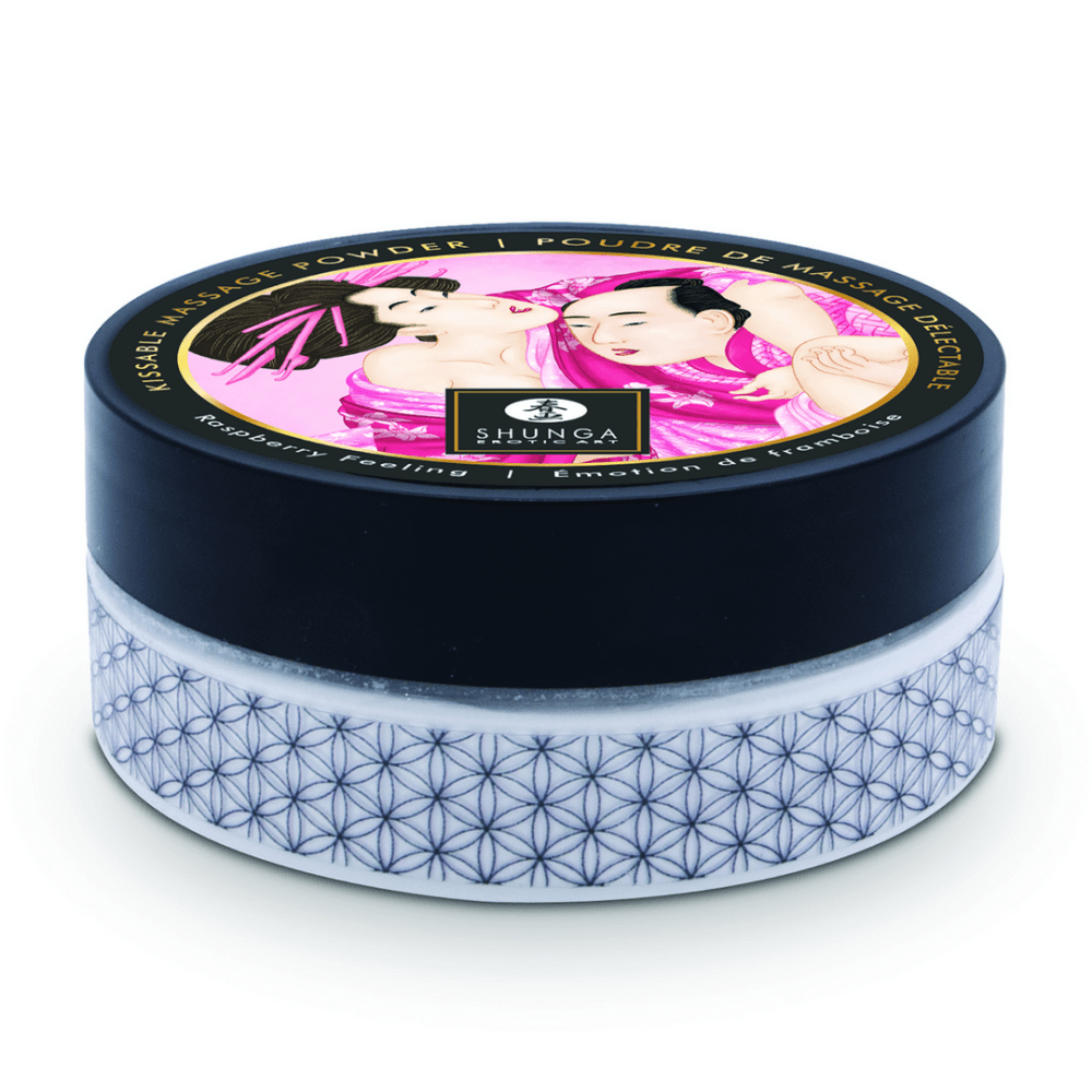 Zwarte Shunga Framboos body powder 75 gr in luxe pot voor fluweelzachte kusbare huid en speels zoet samenspel