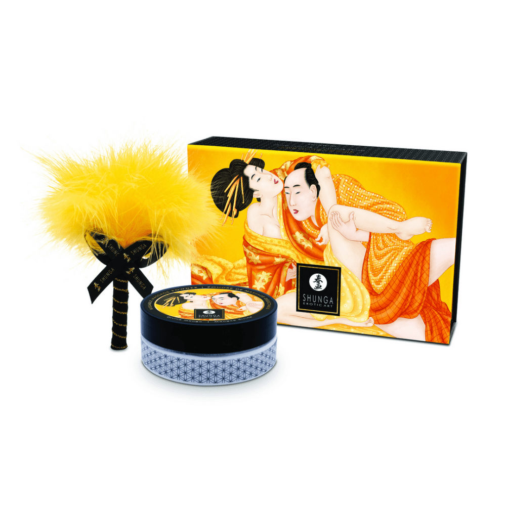 Shunga Kissable Body Powder Mango 75 gr in gele tropische set met zachte borstel voor zoete kusbare huid en intimiteit