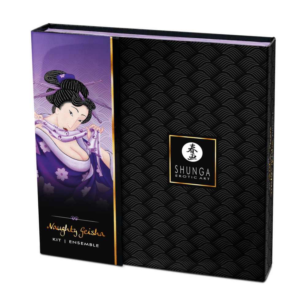Voorkant van de zwarte Shunga Naughty Geisha Kit doos met een geisha in paarse kimono en een gouden Shunga-logo