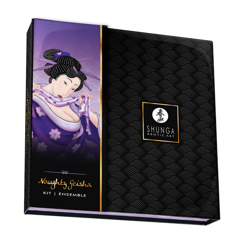 De Shunga Naughty Geisha Kit schuin van voren, met de paarse zijkant van de cadeaudoos zichtbaar