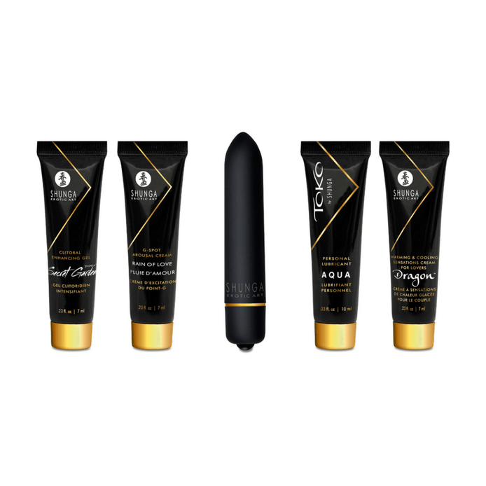 Inhoud van de Shunga Naughty Geisha Kit: vier zwarte tubes met gouden dop en een zwarte bullet vibrator in het midden