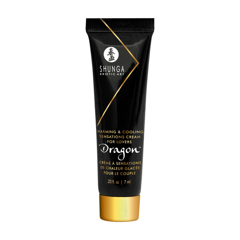 Zwarte tube Shunga Dragon crème van 7 ml uit de Naughty Geisha Kit, met gouden dop