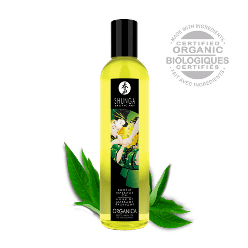 Shunga organica massageolie, groene verpakking, verzorgend en natuurlijk