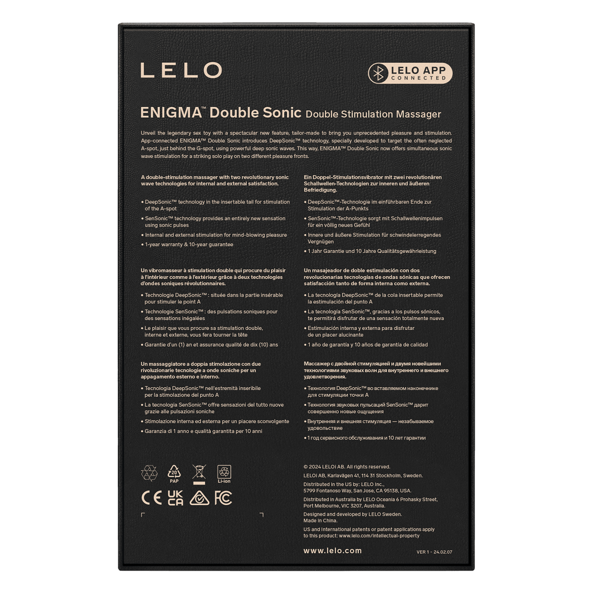 Achterzijde van de LELO ENIGMA Double Sonic-verpakking met productinformatie