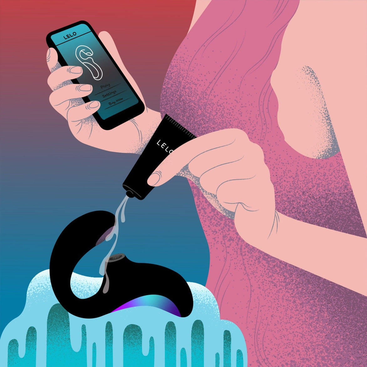Illustratie met ENIGMA, waterbasisglijmiddel en een telefoon met de LELO-app