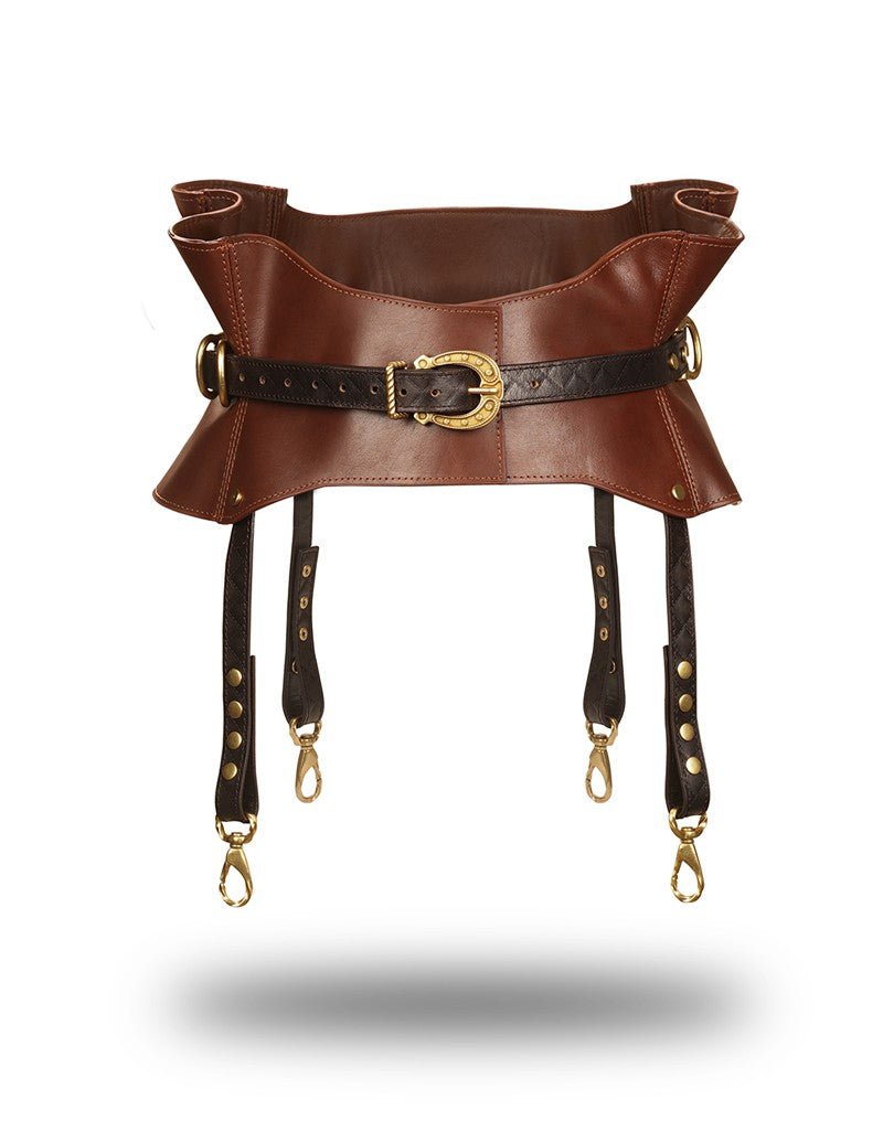 Liebe Seele leren tailleriem met donkere hangbanden en goudkleurige clips