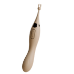 Taupekleurige Odes Duo G-spot clitorisvibrator voorzijde met slanke handgreep, zwart accent en gevorkte top.