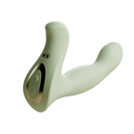 Saliegroene Odes Ombre prostaatvibrator met gebogen dubbele vorm, geribbelde top en ovaal bedieningspaneel.