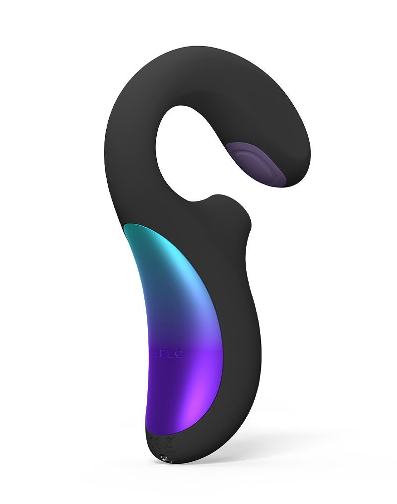 Zwarte LELO ENIGMA Double Sonic met gebogen stimulator en glanzend blauw-paars accent