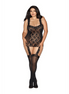 Dreamgirl zwarte garter jurk in maat Plus Size, frontaal gedragen met transparante kantdetails en jarretelbanden