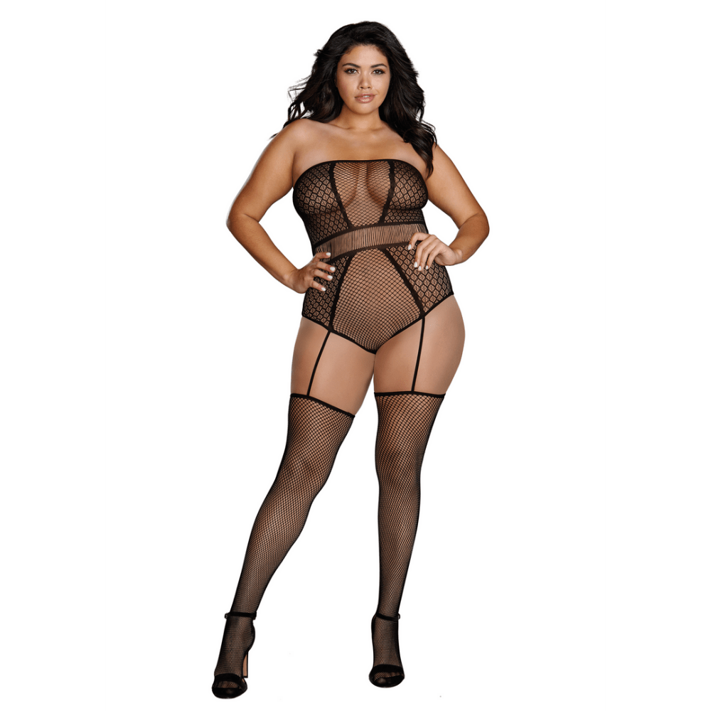 Dreamgirl strapless teddy bodystocking plus size, full body afbeelding met transparante look en zwarte beenmode
